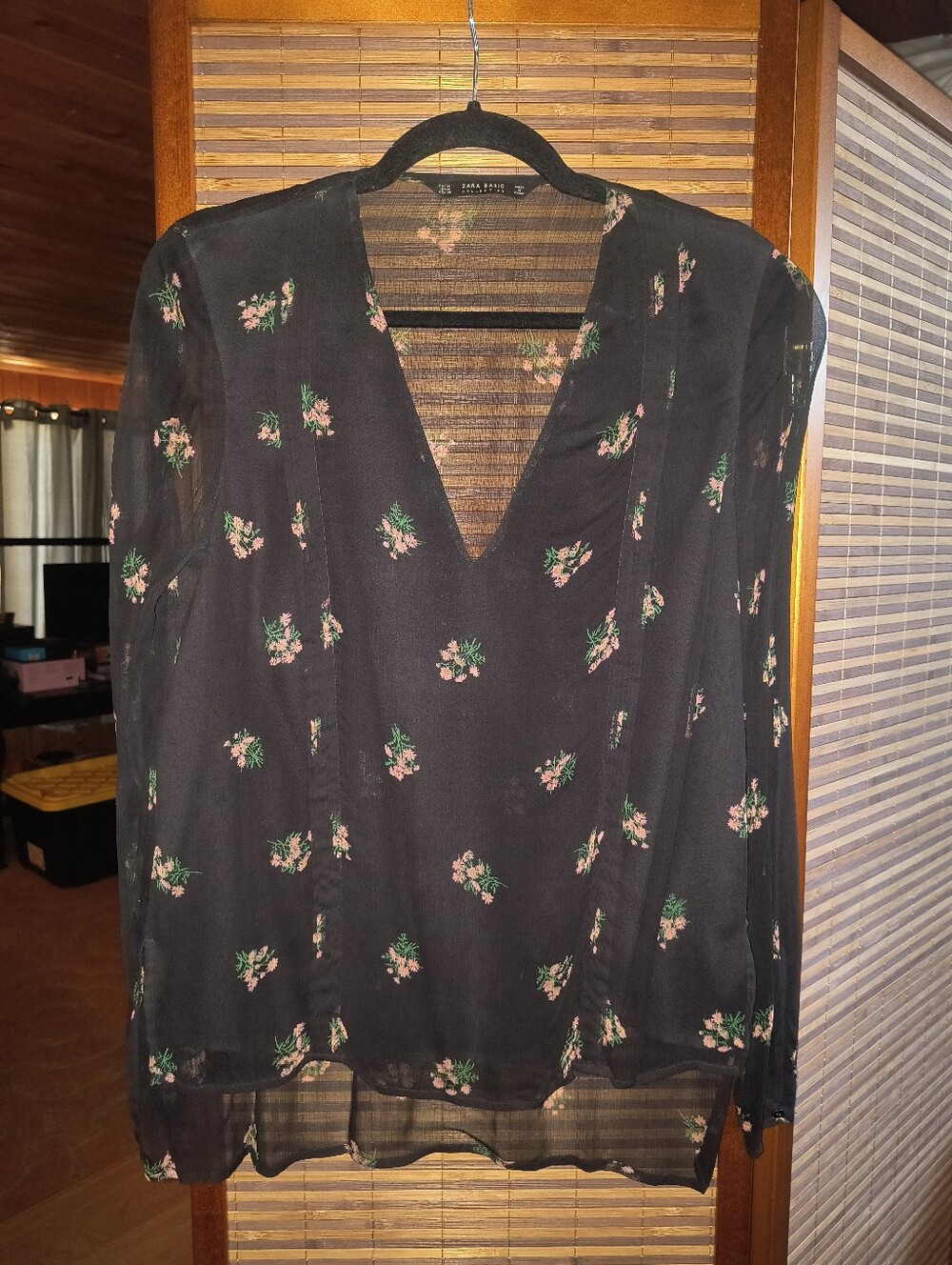 Zara Black Sheer V-Neck Blouse with Pink Floral Print